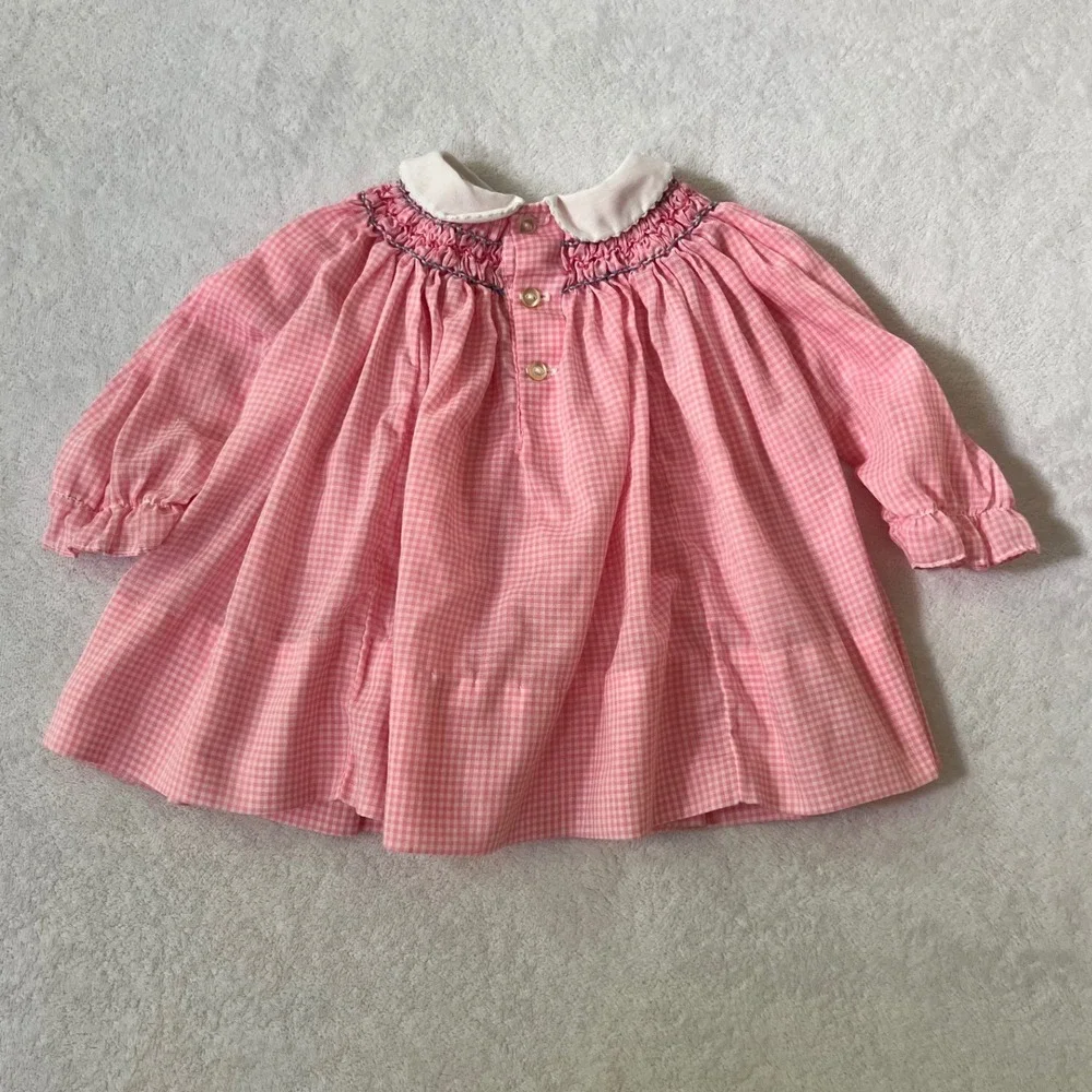 The Smockery Smocked Dress Pink Gingham Vintage Peter Pan Collar Size M